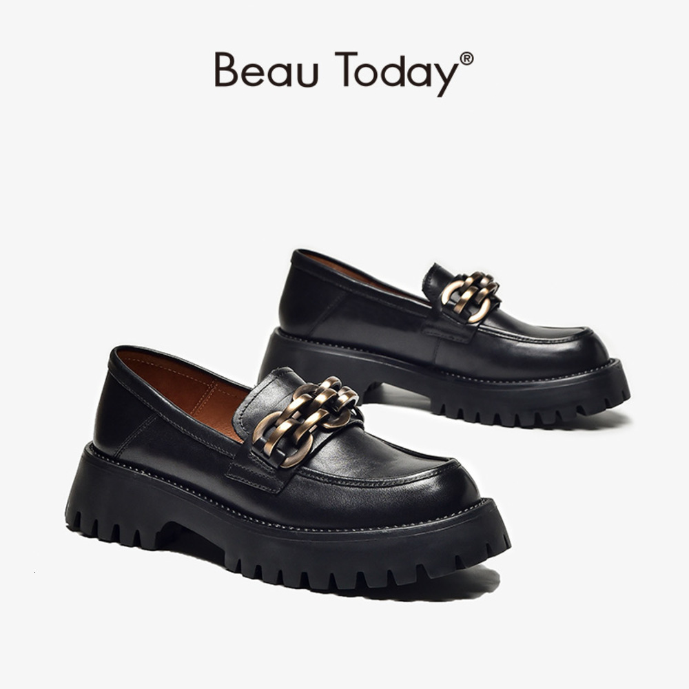 

beautoday women boots metal chain loafers cow leather platform non-slip round nose cartel zoo flat handmade 27788, Black
