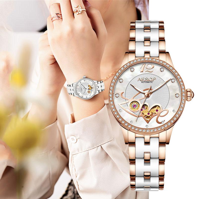 

Wristwatches Fashion Brand AESOP Skeleton Love Diamond Watch Women Automatic Mechanical Sapphire Wrist Watches Female Clock Relogio Feminino