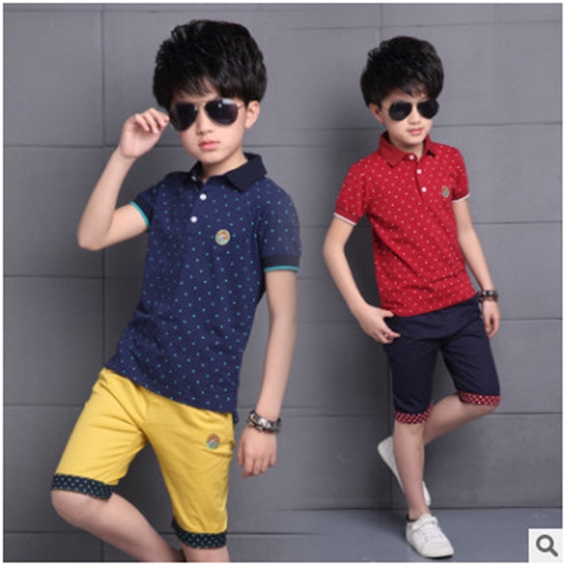 

Baby Big Kids Polo Shirt Tops Fashion Dots Boy Summer Clothing Set T Shirt+Pants Children Boys Clothes Sets 3-15 years 210226, White