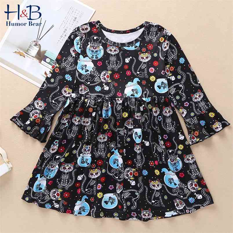 

Girls Dress Autumn Fashion Christmas Halloween Cartoon Print Flare Long Sleeve Cotton Toddler Kid 2-6Y 210611, Bz345 white