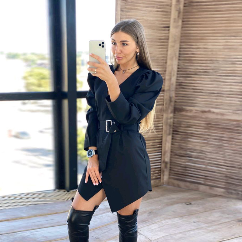 

New Women Vintage Single Button Sashes a Line Mini v Neck Sleeve Front Split Casual 2021 Spring Office Lady Bb6u, Red