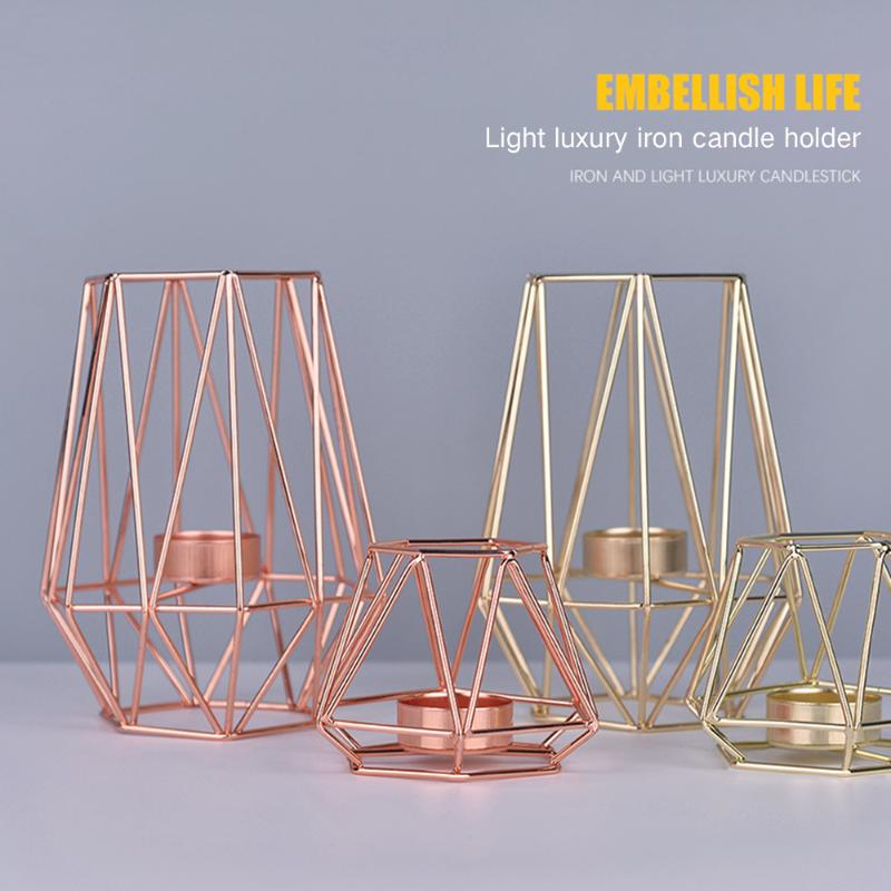 

Europe Iron Geometric Candle Holders Wrought Rack Rose Gold Romantic Candle Cup Nordic Style Table Ornament Home DIY Decor