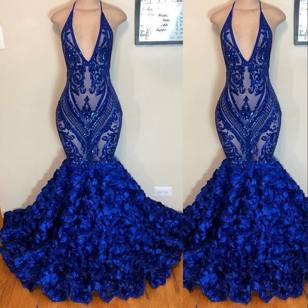 

2021 Royal Blue Mermaid Evening Dresses Wear See Through Sparkly Sequins Deep V Neck Halter 3d flower African Formal Prom Party Gowns, Same as picture