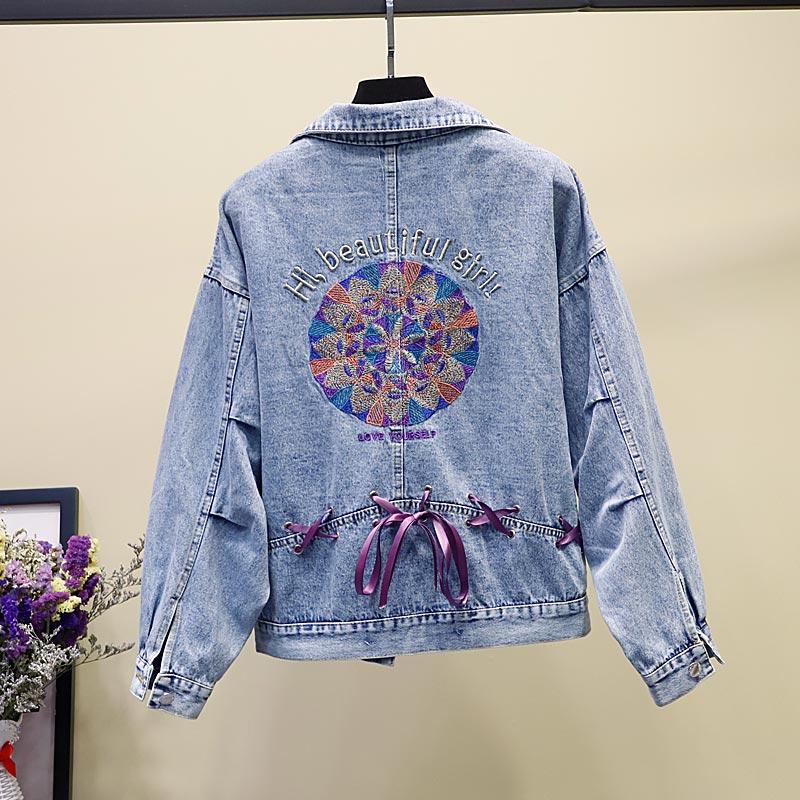 

Women' Jackets Autumn Women Jean Jacket Hole Streetwear Coat Washing Material Denim Embroidery Abrigo De Mujer, Light blue