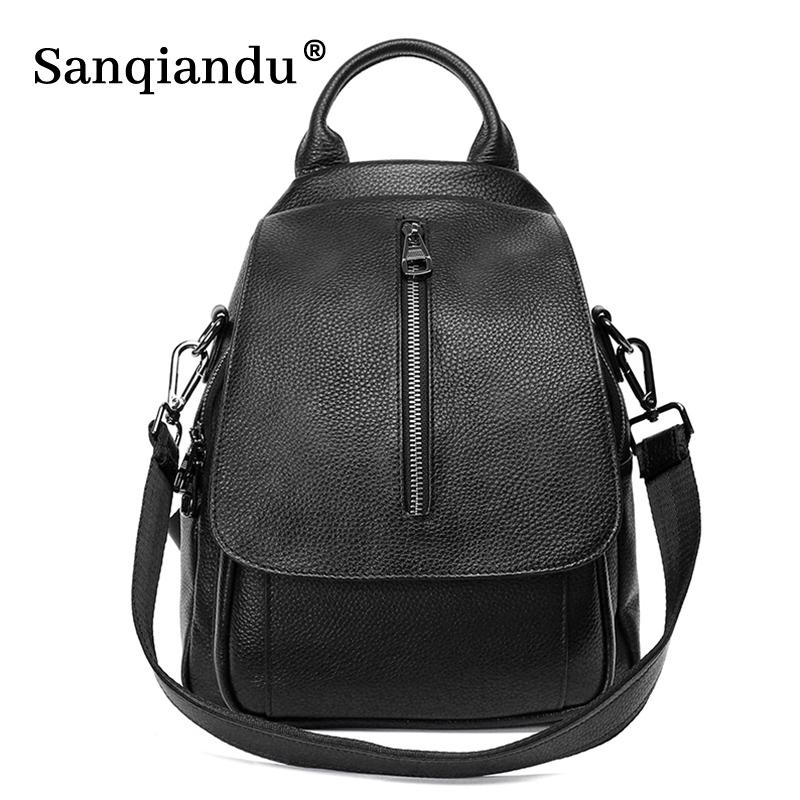 

Women's Genuine Leather Backpack Bag Casual Waterproof Real Cowhide Backpacks Female Luxury Back pack Women Travel Bagpack, Black
