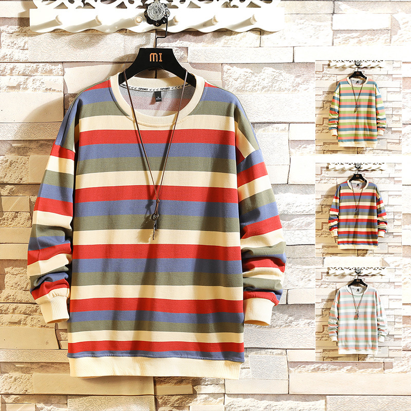 

2021 Stripped Korean Style Sweaters Fashion New Male Sweatshirt Man Streetwear Pullovers Casual Ajhw, Red
