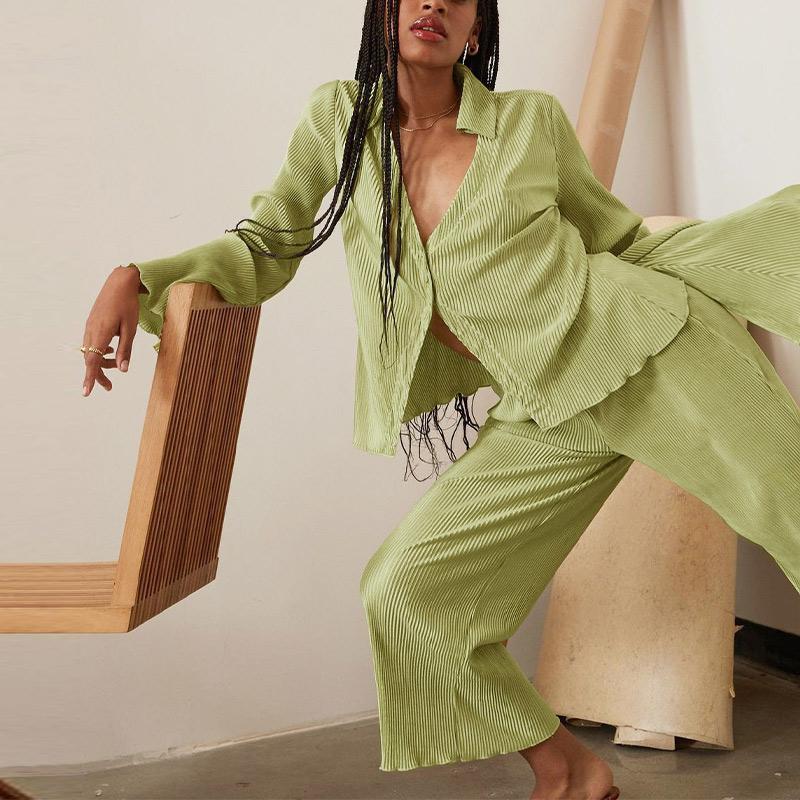 

Women' Two Piece Pants Flare Long Sleeve Shirt Loose Suit Pleated V-neck Shirts And Wide Leg Trousers Female Matching Set Casual Trendy, Black bottoms