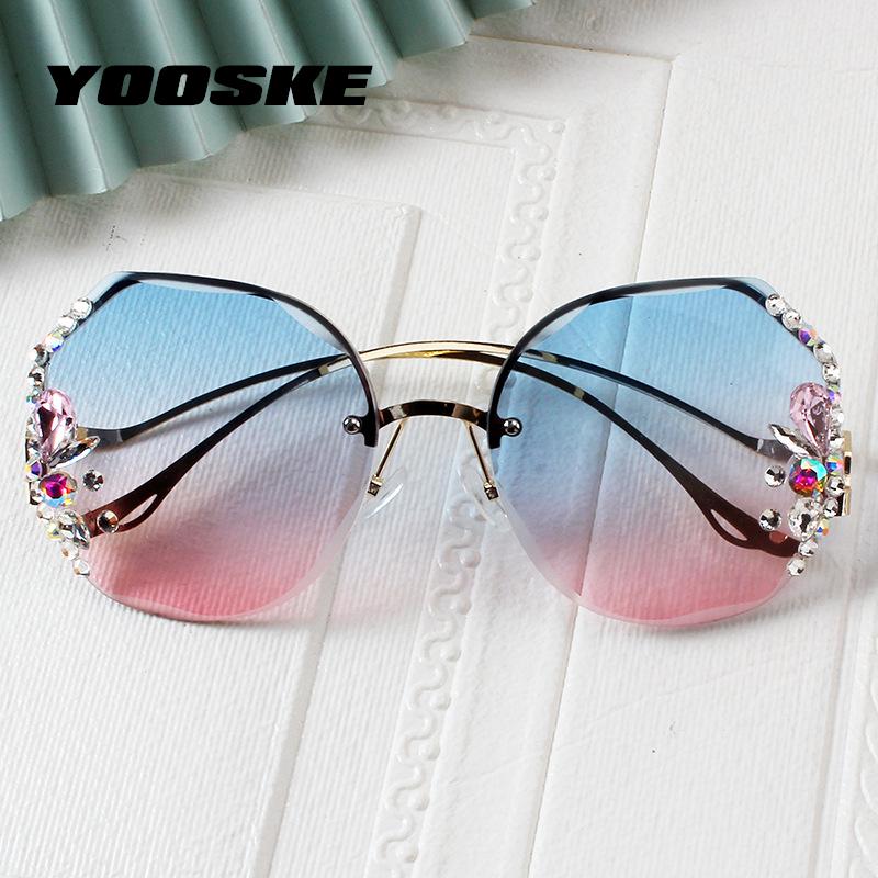 

Sunglasses YOOSKE Brand Rimless Rhinestone Women Gradient Blue Pink Sun Glasses For Ladies Metal Curved Temples Sunglass UV400