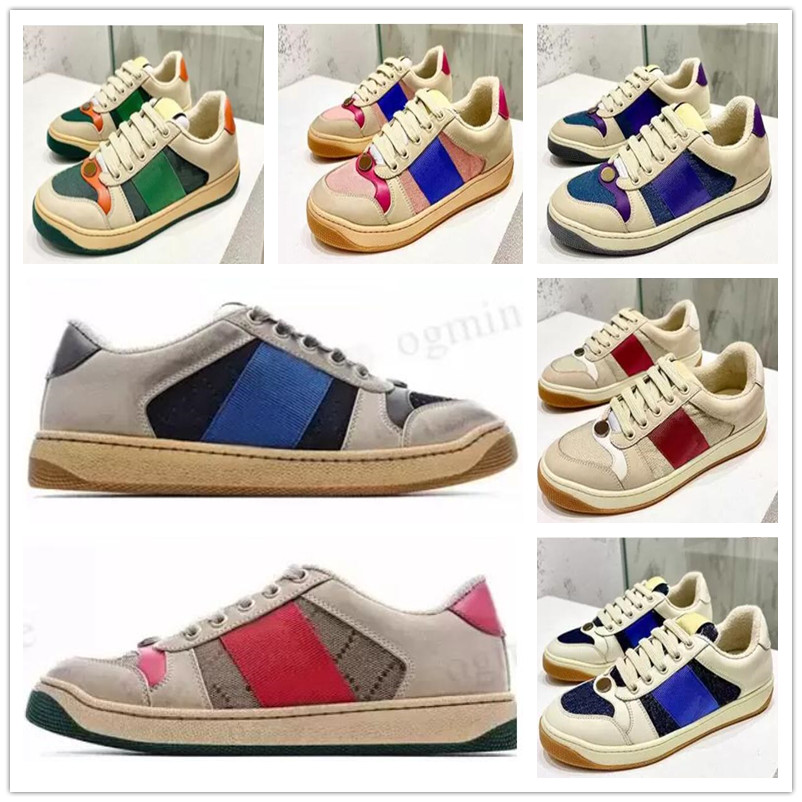 

Designers Screener Sneaker Beige Butter Dirty Leather Running Shoes Vintage Red and Green Web Stripe Luxurys Sneakers Bi-color Rubber sole Classic Casual Shoe, ##