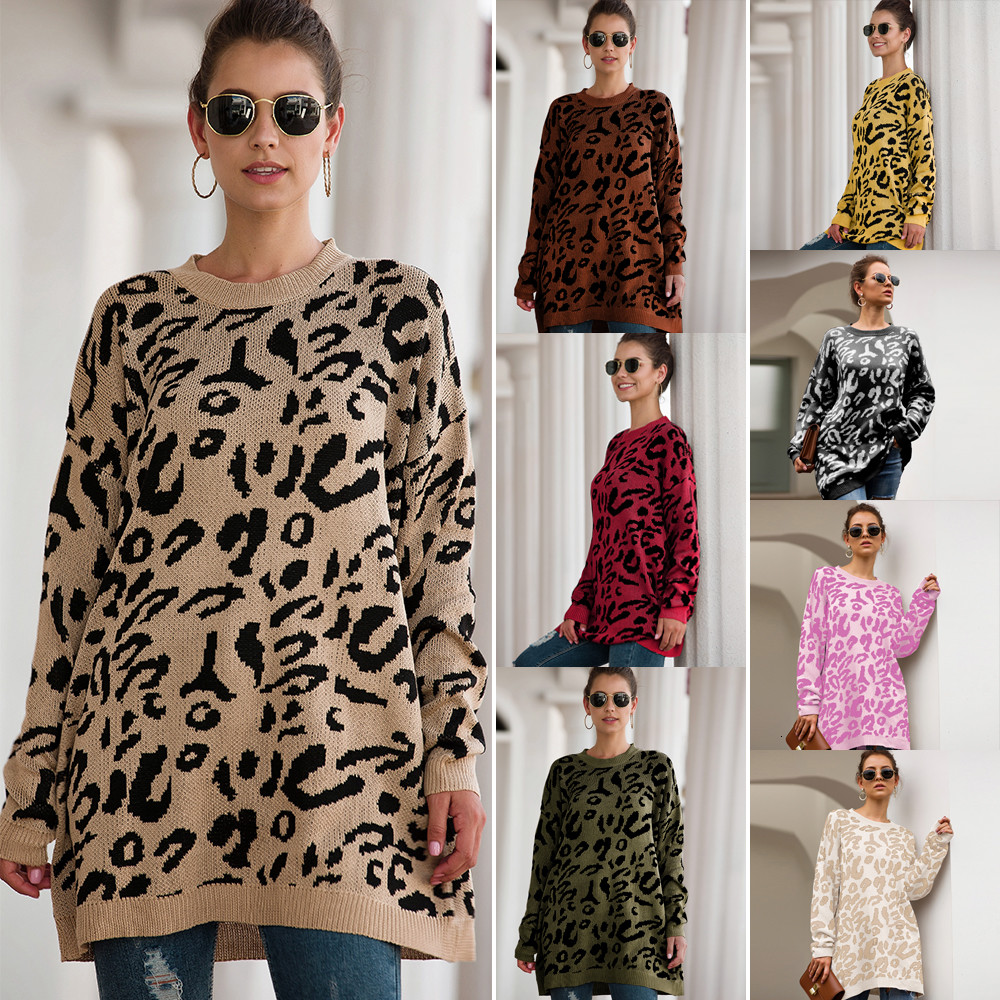 

2021 New Outono Inverno Natal Roupas Femininas Suter Longo Casual Feminino Pulveres Soltos Moda Camisola Malha Estampa De Leopardo Tsun, Pink