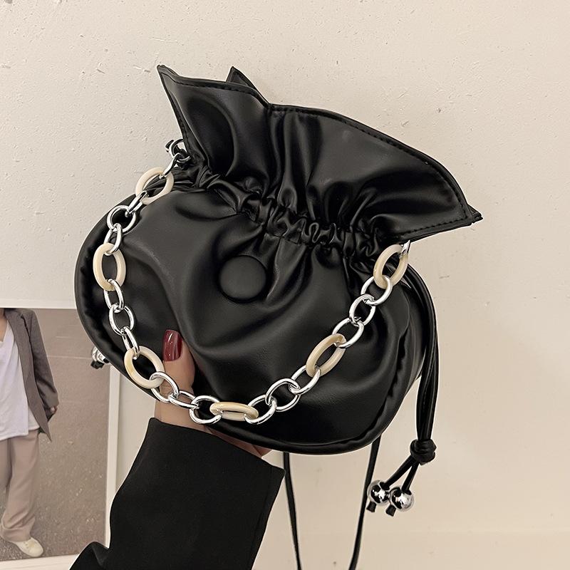 

Evening Bags Women Bucket Bag Pu Leather Handbag Luxury Drawstring Lady Shoulder Messenger Fashion Fold Female Black Crossbody 2022