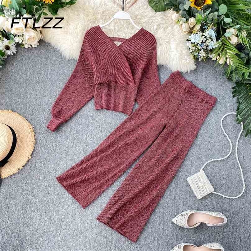 

Women Knitted Suit Spring Autumn Sexy V-neck Bat Sleeve Sweater Top Wide-leg Pants Bright Silk Outfits Woman Two-piece 210525, Black