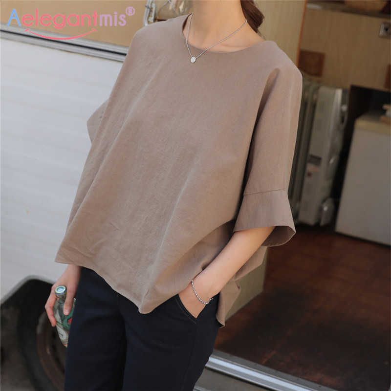 

Aelegantmis Fashion Linen Oversized Women Tops Loose Comfortable Short Sleeve T Shirt Ladies O Neck Solid Tshirt Female Top Tees 210607, Black