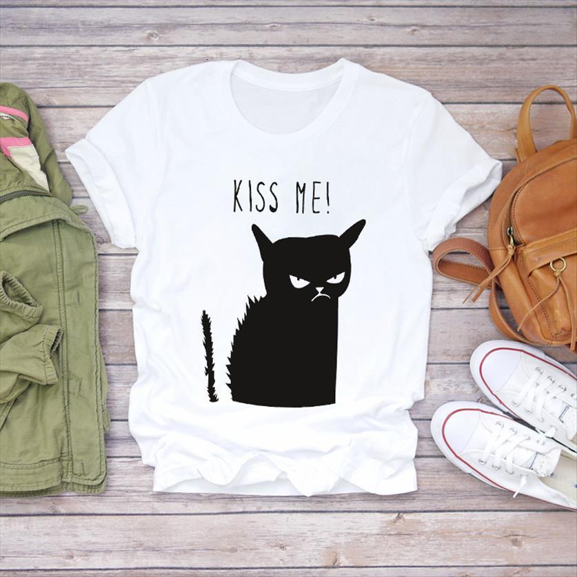 

cat mood funny fashion 90s women t shirt cute short sleeve print lady graphic female tee, White