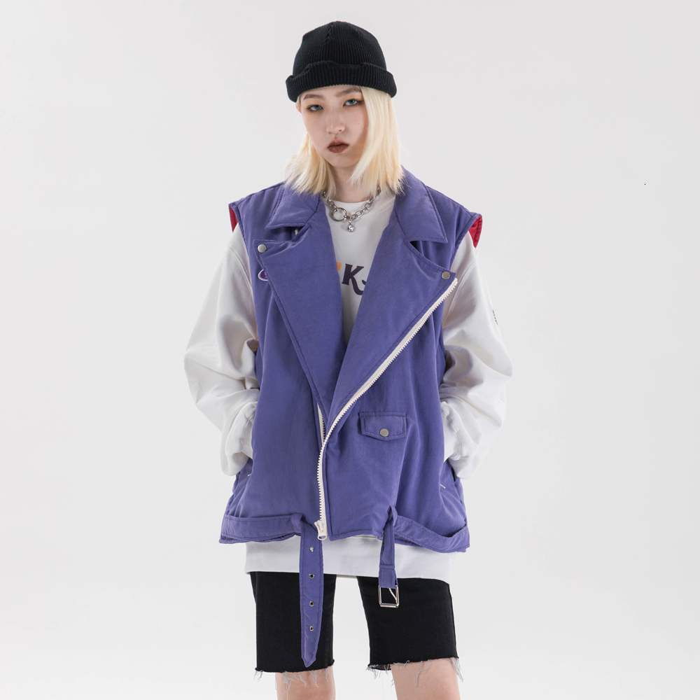 

2021 New Turn-down Collar Thick Coats Sleeveless Winter Men's Vest with Waist Belt Street Fashion Women Parkas 7eps, Blue