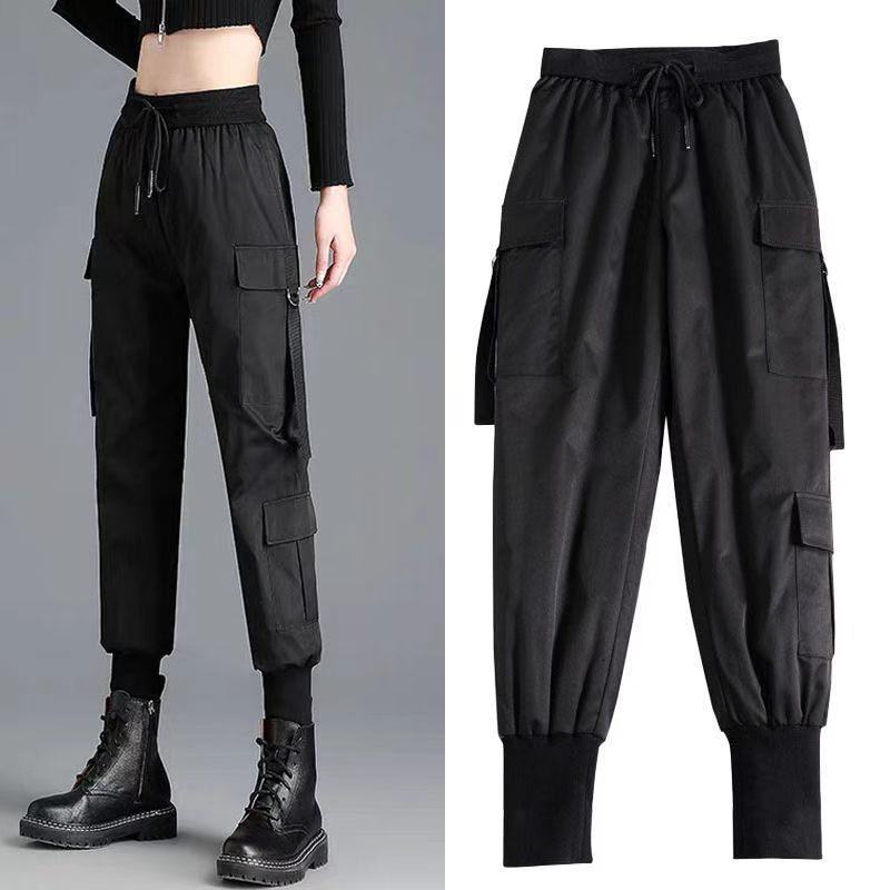 

2021 New Charger Black Cargo Women' High Waist, Casual Ankle-tied, Harem Pants, Mercerized Cotton, Harajuku Joggers. Wi1w