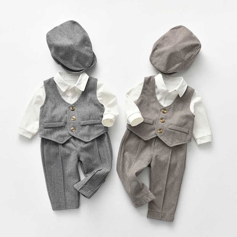 

4Pcs Baby Boys Gentleman Clothing Set born Formal Outfits Children Birthday Clothes Cotton Infant Shirt + Vest Pants Hat 210615, Gray