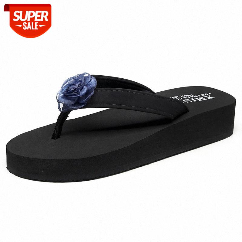 

Fashion Flower Flip Flops Wedge Slippers 2020 New Women Summer Beach Platform Handmade Low Heel Slide #zX3k, Black