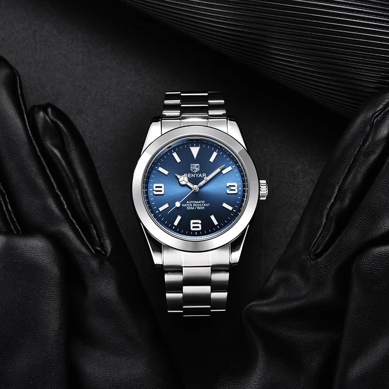 

Wristwatches BENYAR Casual Sport Watches For Men Top Brand Stainless Steel Waterproof Mechanical Wristwatch Luxury Men's Automatic, Blue