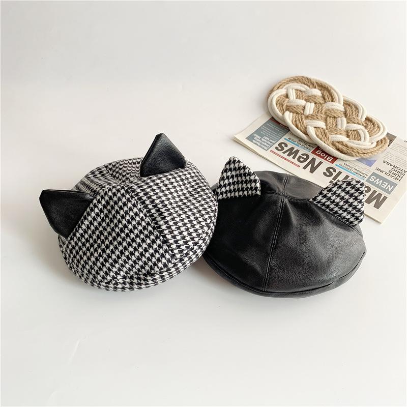 

Caps & Hats Korean Version Of 2021 Fashion PU Leather Check Beret Autumn And Winter Girl Cat Ear Concave Shape Hat Painter, Woolen plaid