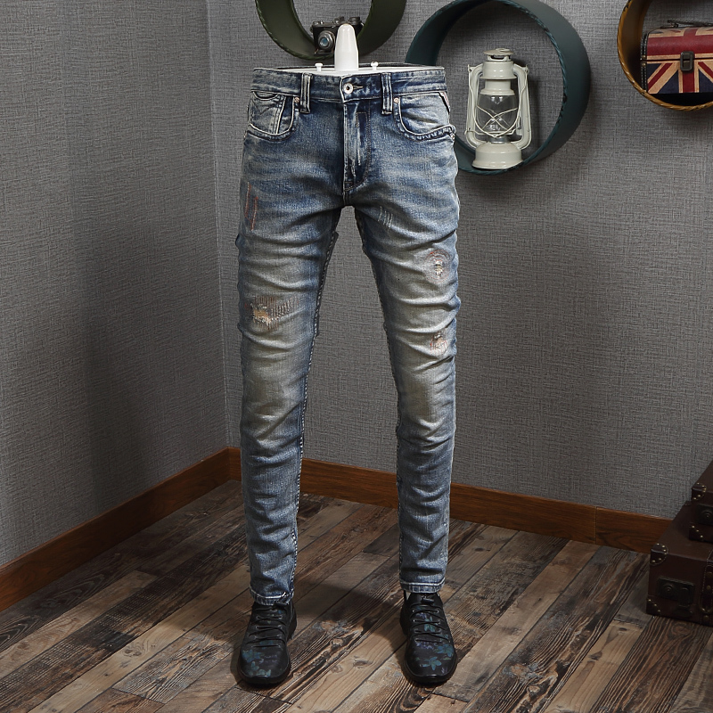 

2021 New Fashion Streetwear High Quality Destroyed Slim Fit Ripped Men Retro Blue Vintage Designer Hip Hop Jeans Homme 7zup