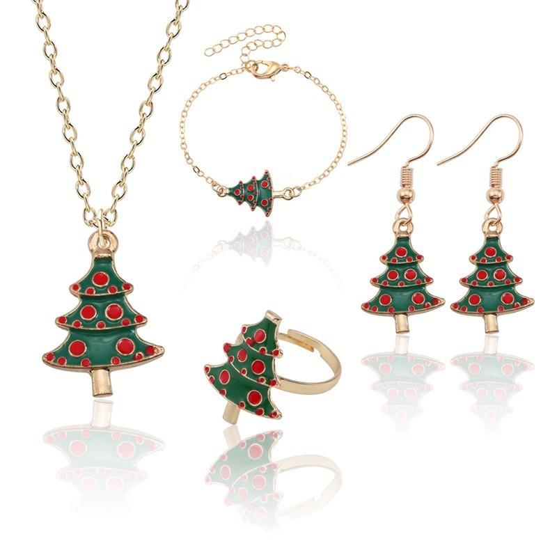 

Earrings & Necklace Fashion Women Ring Bracelet 5 Piece Set Jewelry Green Tree Red Fruit Pendant Cute Girl Christmas Gift, Silver