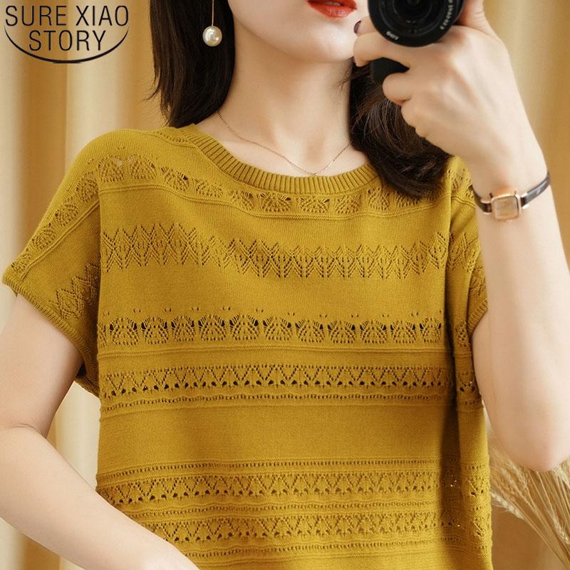 

Women's T-Shirt Cotton Women 2022 Summer Round Neck Pullover Pure Color Knitwear Plus Size Casual Sweater Short Sleeve Tees 14642, White