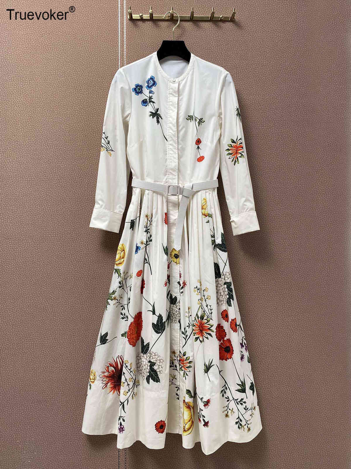 

Truevoker Lady Vintage Flower Print Mid Calf Length Prom Vestidos Female Spring Runway Cotton Dress Belted Robe 210602, White