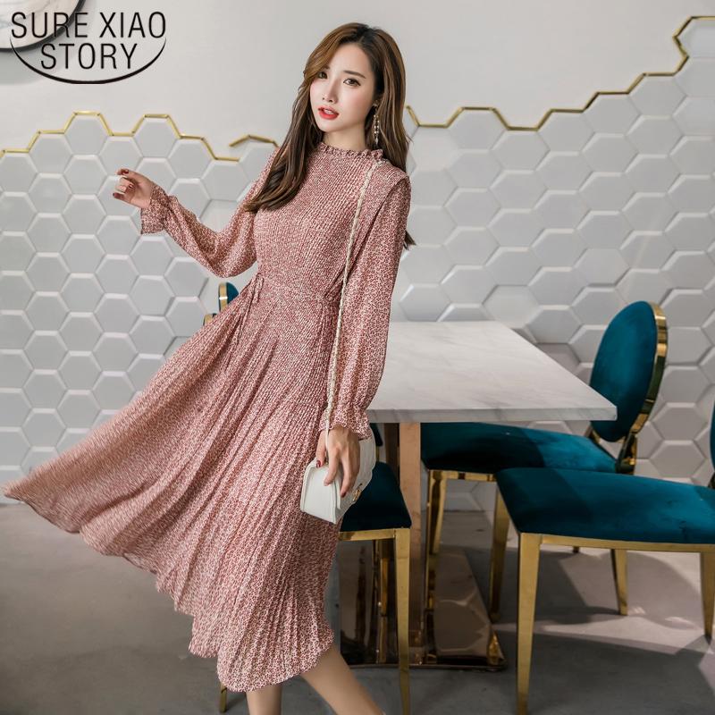 

Casual Dresses Spring Full Sleeve Elastic Slim Waist Chiffon A-line Midi Dress 2022 Elegant Stand Collar Floral Print Women, Black;gray