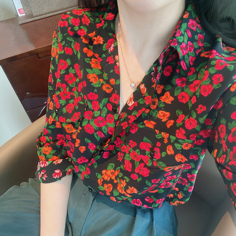 

2021 New 100% Seda Feminina Blusa Floral Manga Longa Retro Turn-down Colarinho Impresso Feminino Casual Camisa Superior Qabu, Black