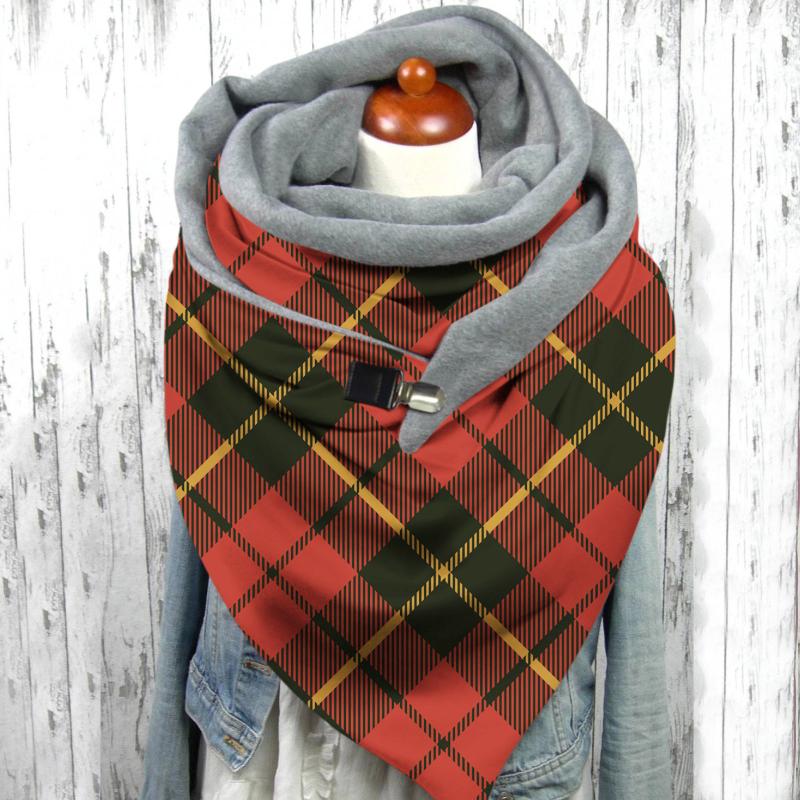 

Scarves 40# Plaid Print Vintage Scarf Winter Button Soft Wrap Casual Warm Buckle Shawls Double-layer Windproof Femme Neck