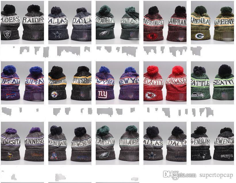 

NEW Men's All Team Foot Ball Knitted Beanie Cap Wool Warm Sport Striped Sideline Cuffed Pom Beanie Hats Men Women Bonnet Beanies Skull