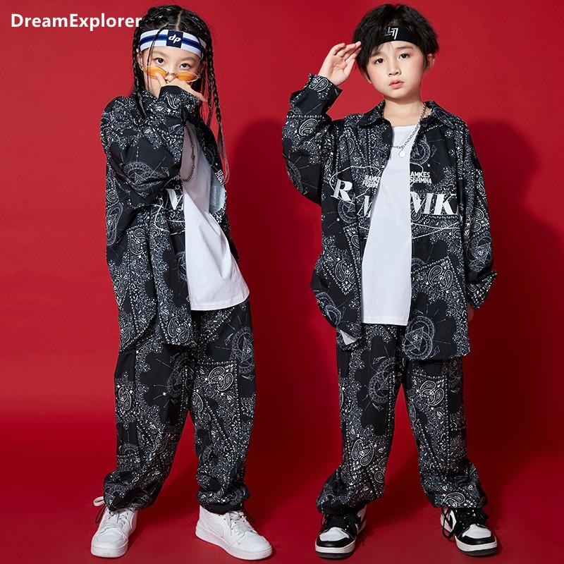 

Clothing Sets Boys Street Dance Long Sleeve Black Shirt Jogger Girl Hip Hop Blouse Paisley Print Sport Pants Clothes Kids Jazz Streetwear, White