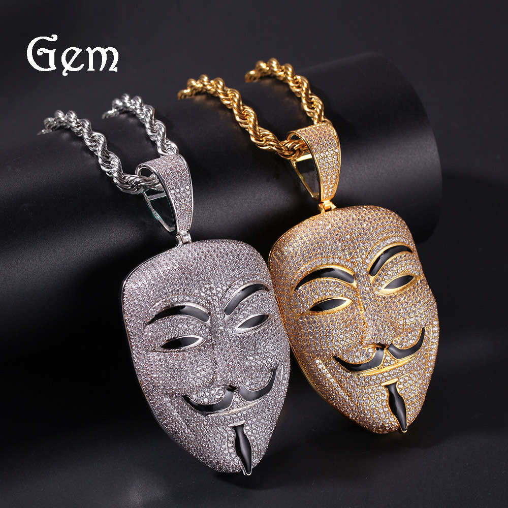 

Men's V-shaped hate killing team smile mask AAA micro inlaid Zircon Pendant trendsetter personality rap hip-hop Necklace