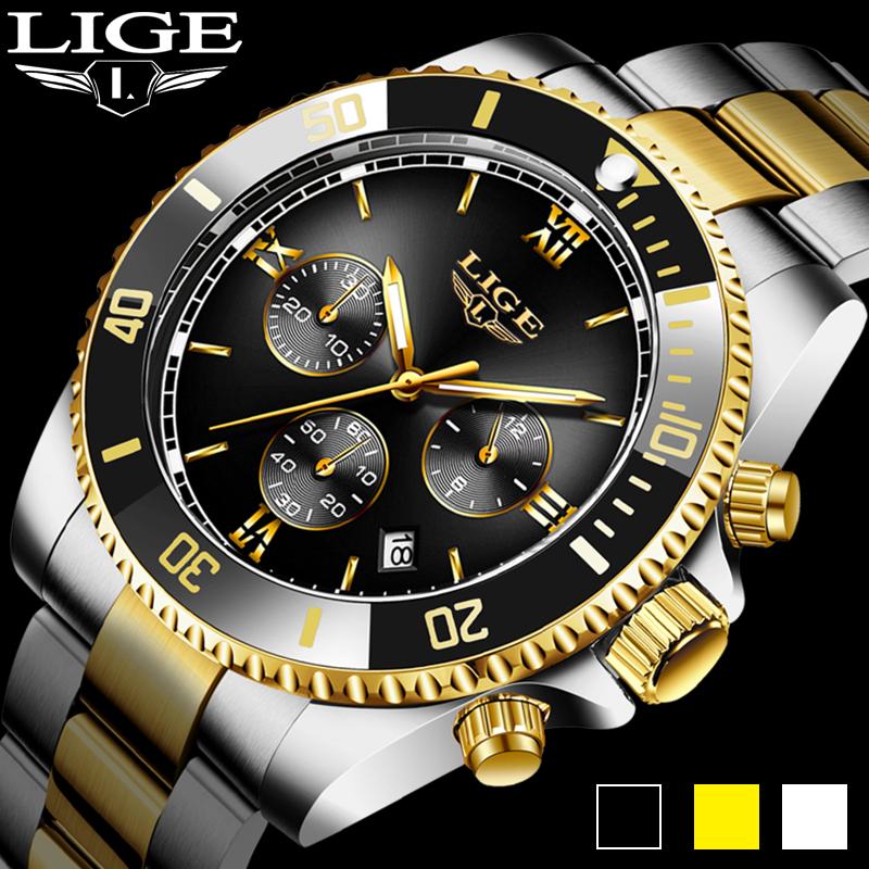 

Reloj 2021 Black Business Mens Watches LIGE Top Diving Watch For Men Stainless Steel Waterproof Sport Quartz Clock, Slivery;brown