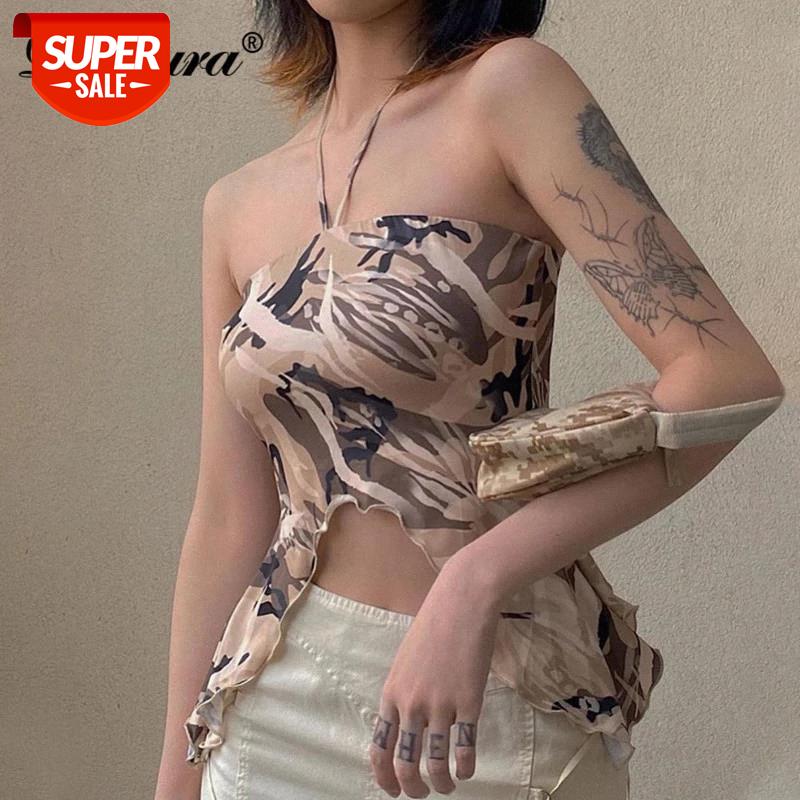 

Dulzura tie dye camouflage women crop top tanks halter lace up ruffle bodycon sexy party streetwear 2020 summer clothes elegant #Fa6m, White