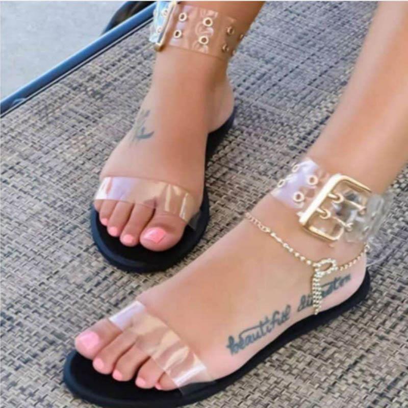 

Women Flats Sandals Gladiator Summer Transparent Open Toe Jelly Shoes Ladies Vintage Roman Buckle Strap Beach Sandals Big Size, Black
