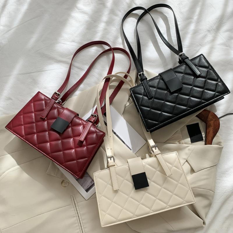 

Fashion Lattice Pattern Shoulder Underarm Bag Simple Solid Leather Daily Top-handle Totes Popular Simple Female Daily Bags Hot, White