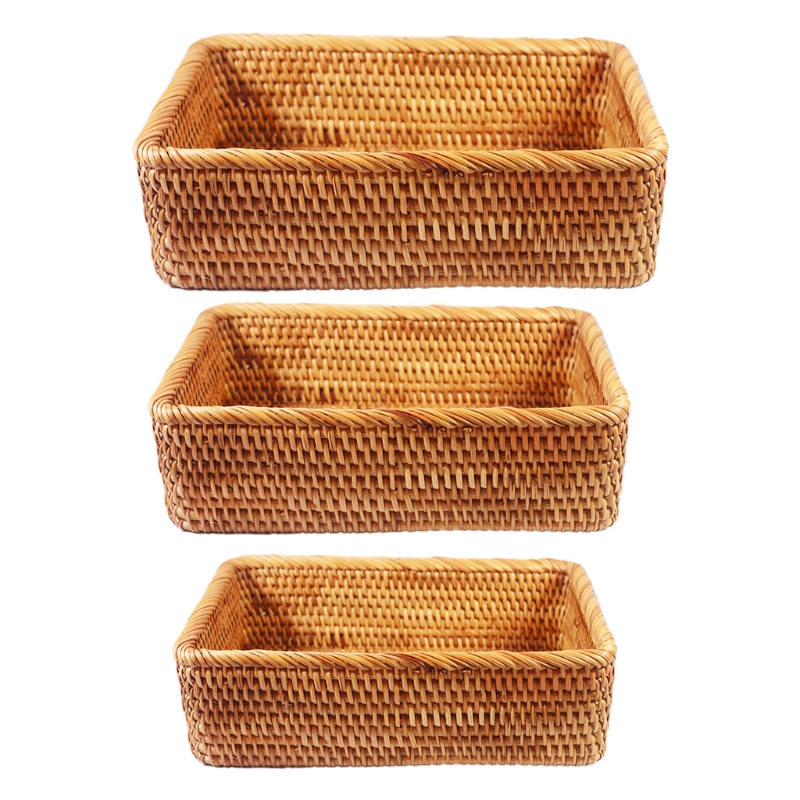 

Rectanguar Hand-woven Basket Rattan Candy Storage Picnic Tray Food Bread Dishes