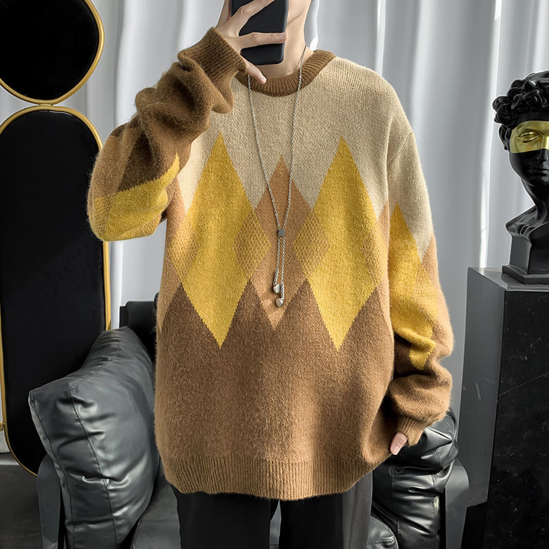 

2021 New Autumn Winter Plaid Men's Warm Fashion Retro Knitted Pullover Men Wild Loose Korean Contrast Sweater Mens Clothes M-2xl 3gem, Yellow