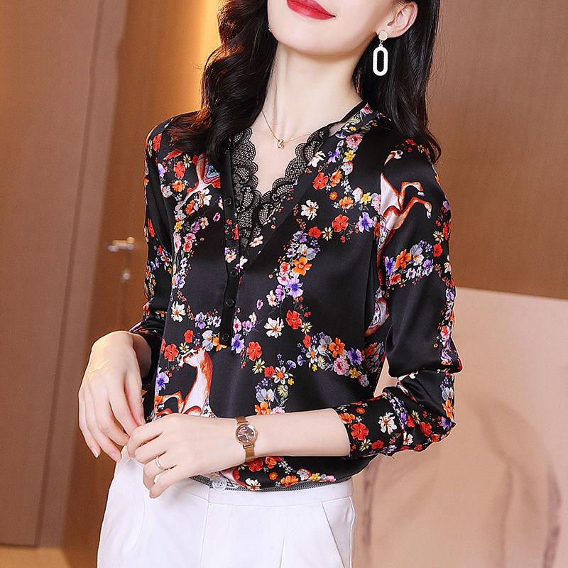 

Women's Blouses & Shirts Women Spring Autumn Style Lace Lady Casual Long Sleeve V-Neck Flower Printed Blusas Tops DD9209, White