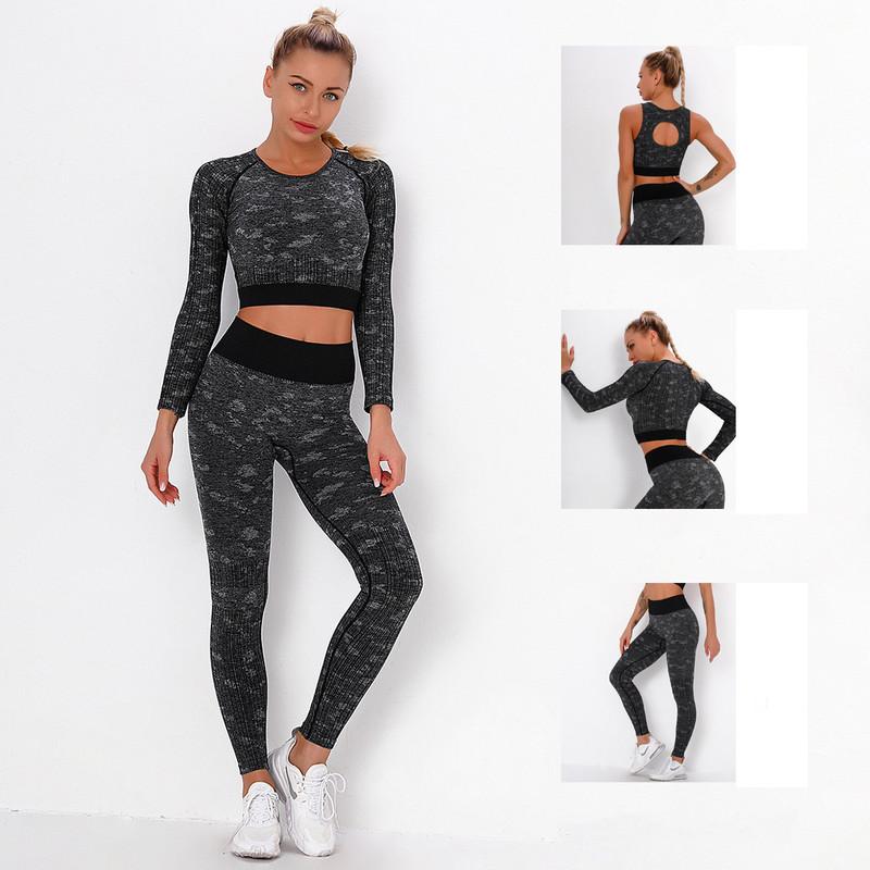

Knitting Workout Set Women Gym Clothing for Seamless Fitness Suit Long Sleeve Training Jogging Two Pieces Clothes Sports Womens, Bra