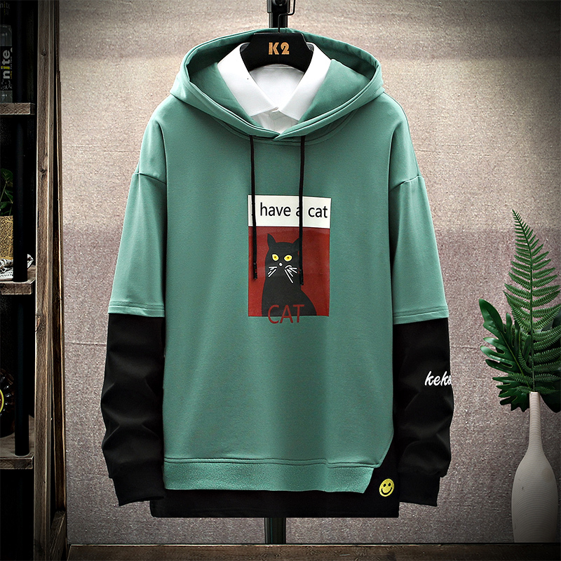 

2021 New Gato Preto Impresso Hoodies Masculinos Outono Quente Coreano Solto Moletom Com Capuz Homem Streetwear Pullovers Casuais Uewn, Sky blue