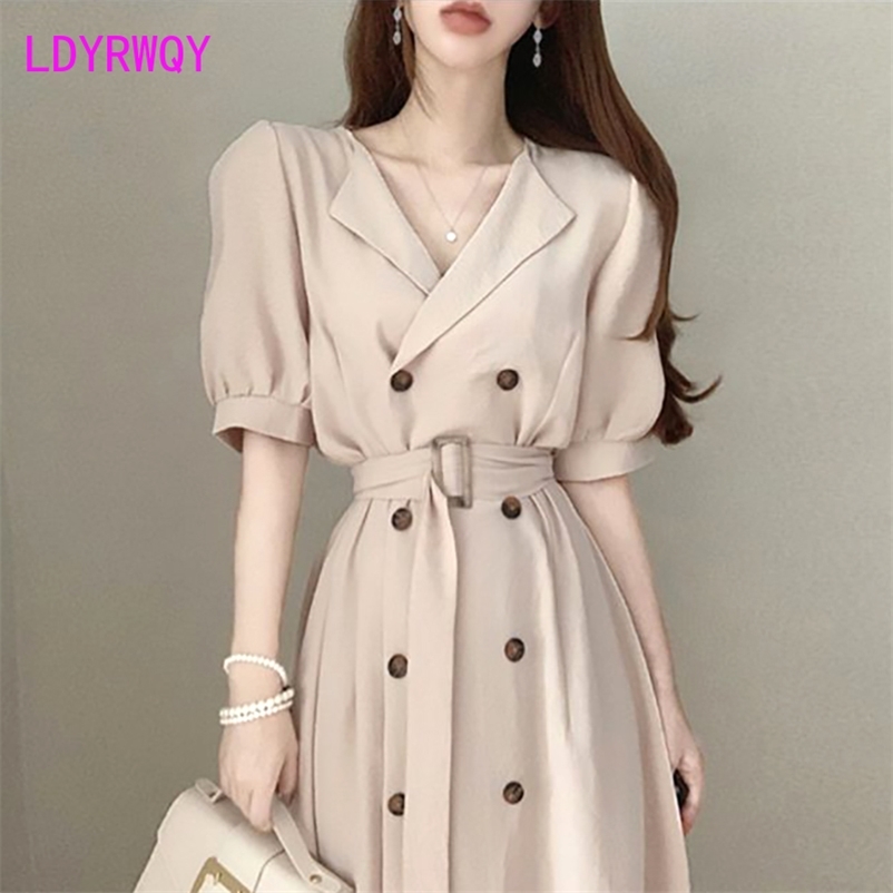 

LDYRWQY Korean summer retro temperament lapel double-breasted over the knee long lace-up waist casual short-sleeved dress 210603, Black