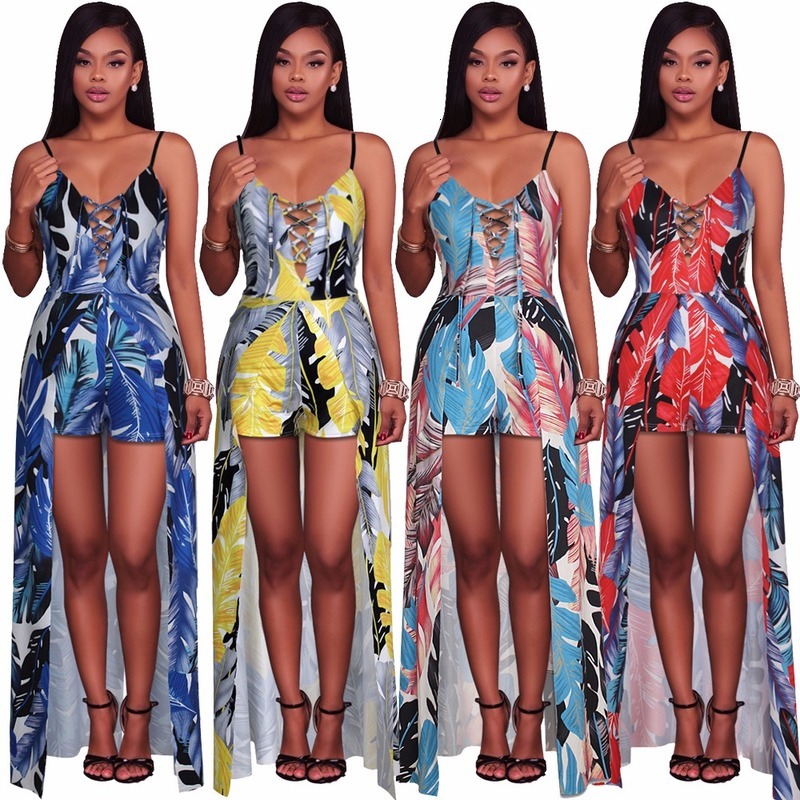 

2021 New Print Playsuits Summer Overalls Elegant Boho Strap Beach Jumpsuit Romper Backless Lace Up Bodysuit Women Sexy One Piece 10i1, Beige