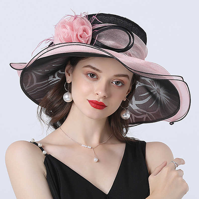 

Women Summer Church Hat Organza Wide Brim Sun Ladeis Fascinator for Kentucky Derby Wedding Bridal Dress Party 210531, Black