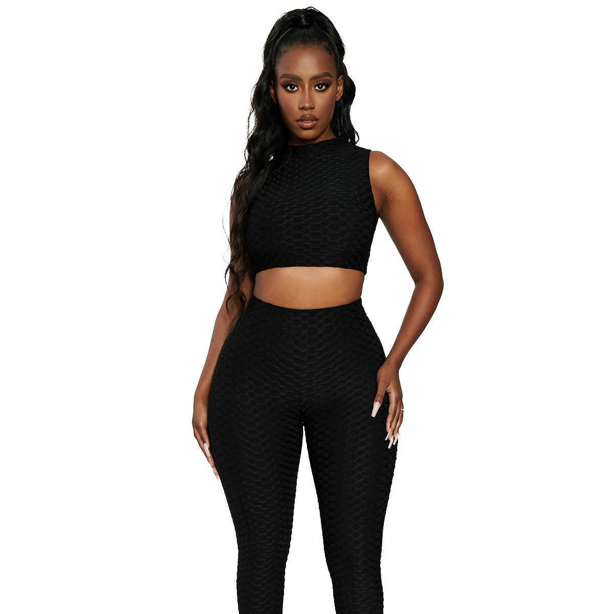 

Elastic Lady Tracksuits O Neck Sleeveless Back Hollow Out Crop Top+High Waist Long Pant Solid Yoga Sport Jogging Women Set 210604, White