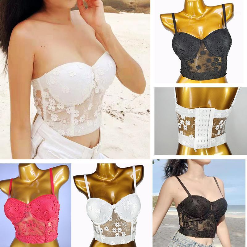 

Europe And The United States 2021 Ultra-thin Sexy Cut-out Lace Bra Vest Women's Navel Exposed Short Wrap Chest Bustiers & Corsets, Red