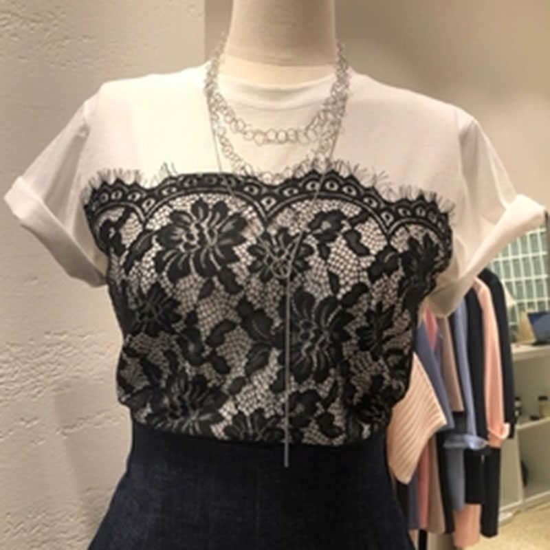 

Korean Summer Fashion Sweet Stitching Lace Short-sleeved T-shirt Loose Round Neck Top Female 210615, White
