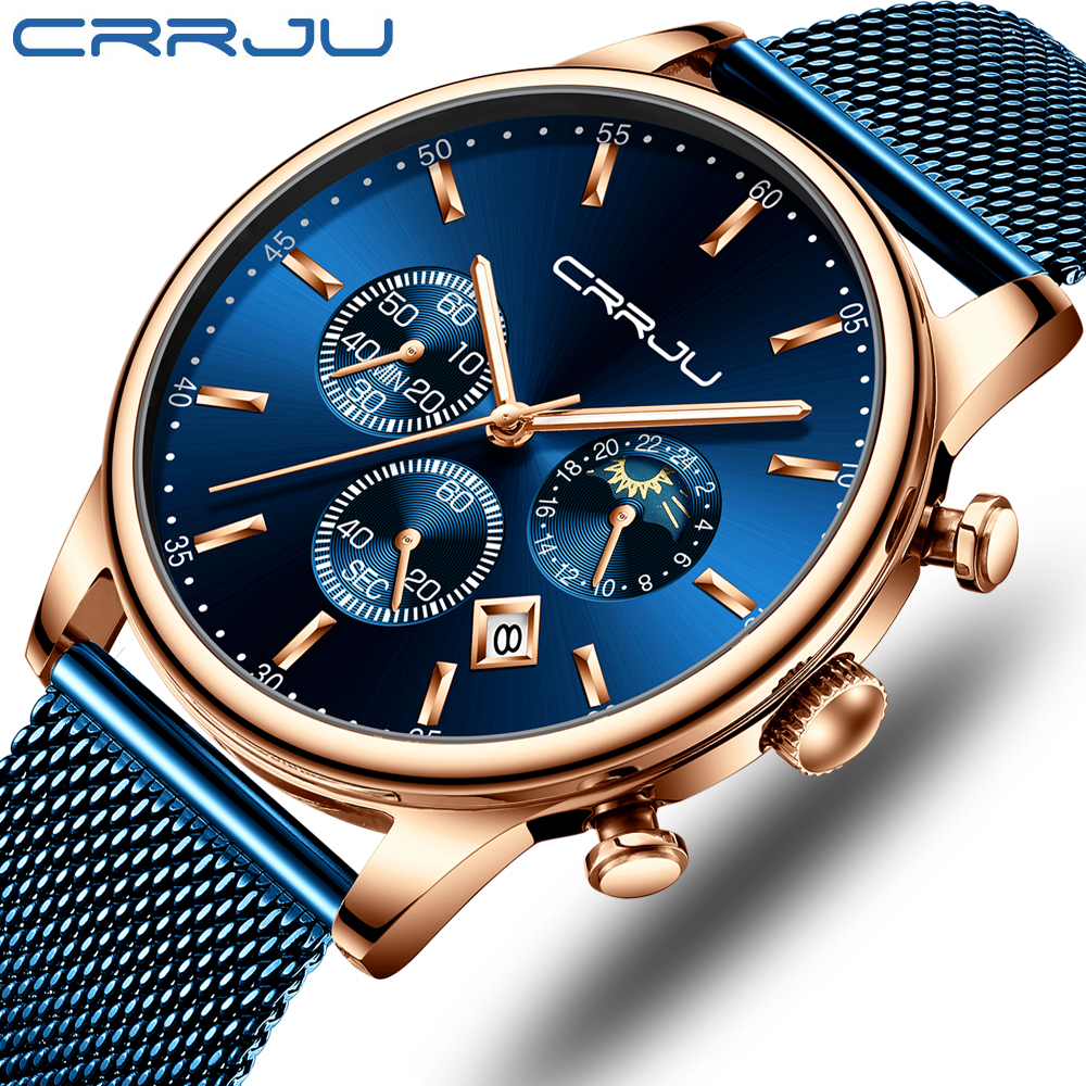 

Relogio Masculino CRRJU Luxury Quartz Watch for Men Blue Dial Watches Sport Watches Chronograph Clock Mesh Belt Wrist Watchg, Black bule silver
